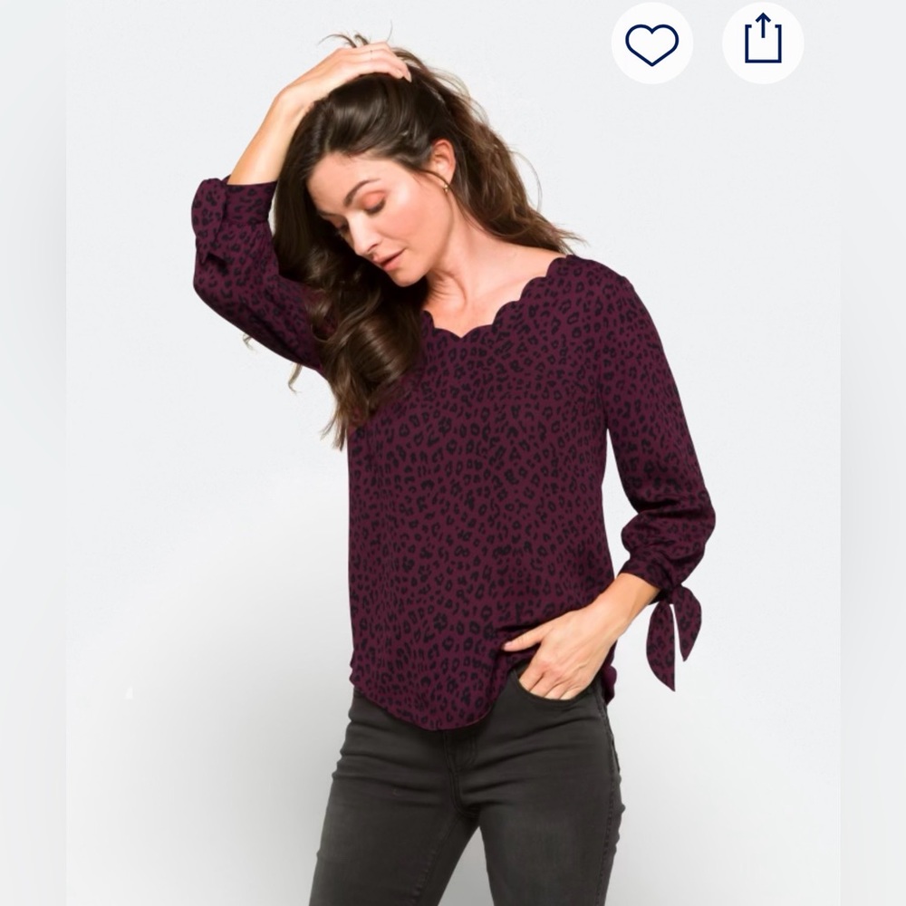 Fortune + Ivy Burgundy Leopard Print Tie Sleeve Blouse Size Large